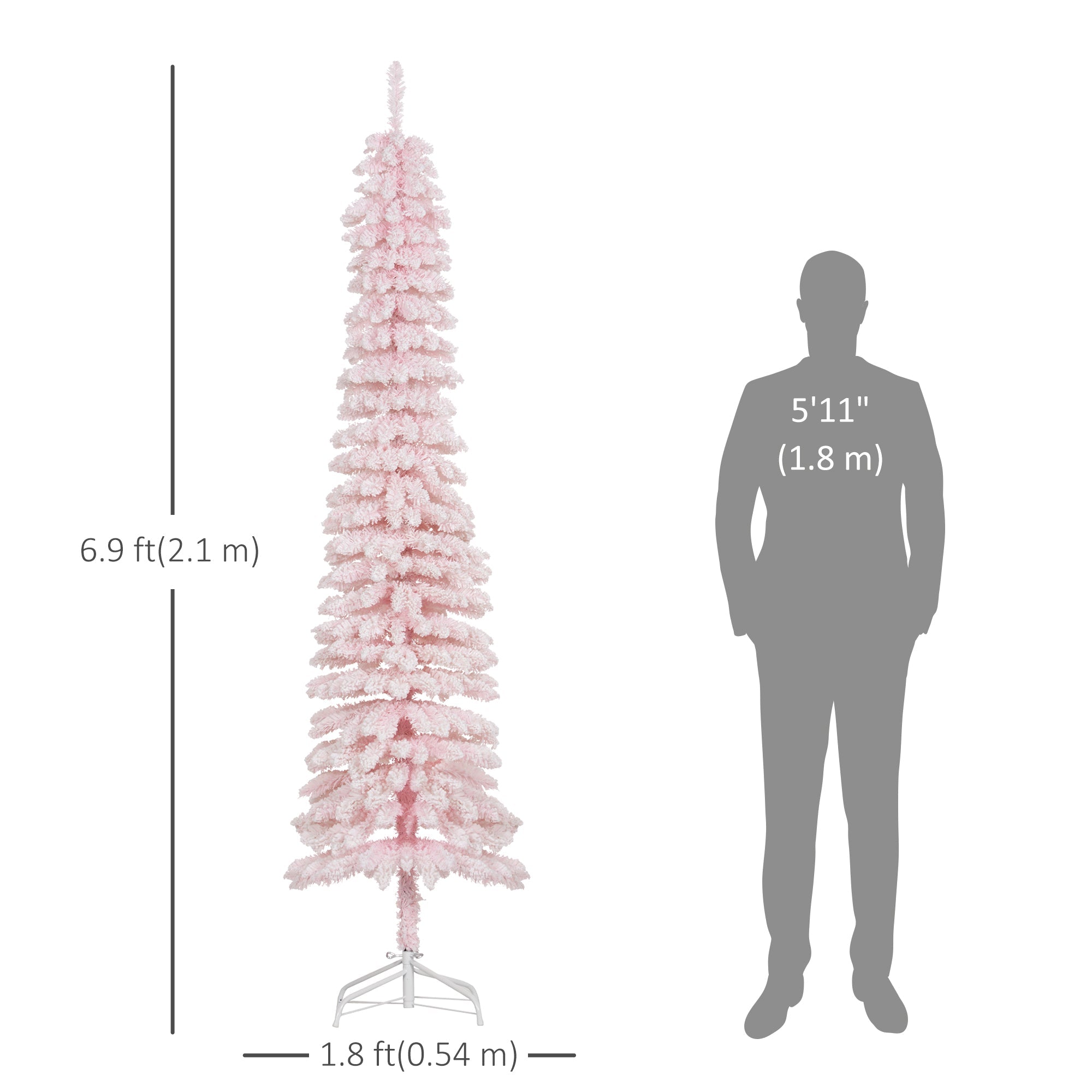 HOMCOM 7ft Snow-Flocked Artificial Christmas Tree, Slim Pencil Xmas Tree with 490 Realistic Branches, Metal Base, Pink 