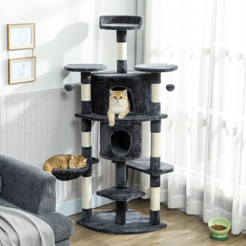 62" Cat Tree with Scratching Post, 2 Condos, Hammock, Perches, Plush, Pompoms, for Indoor Cats, Dark Grey