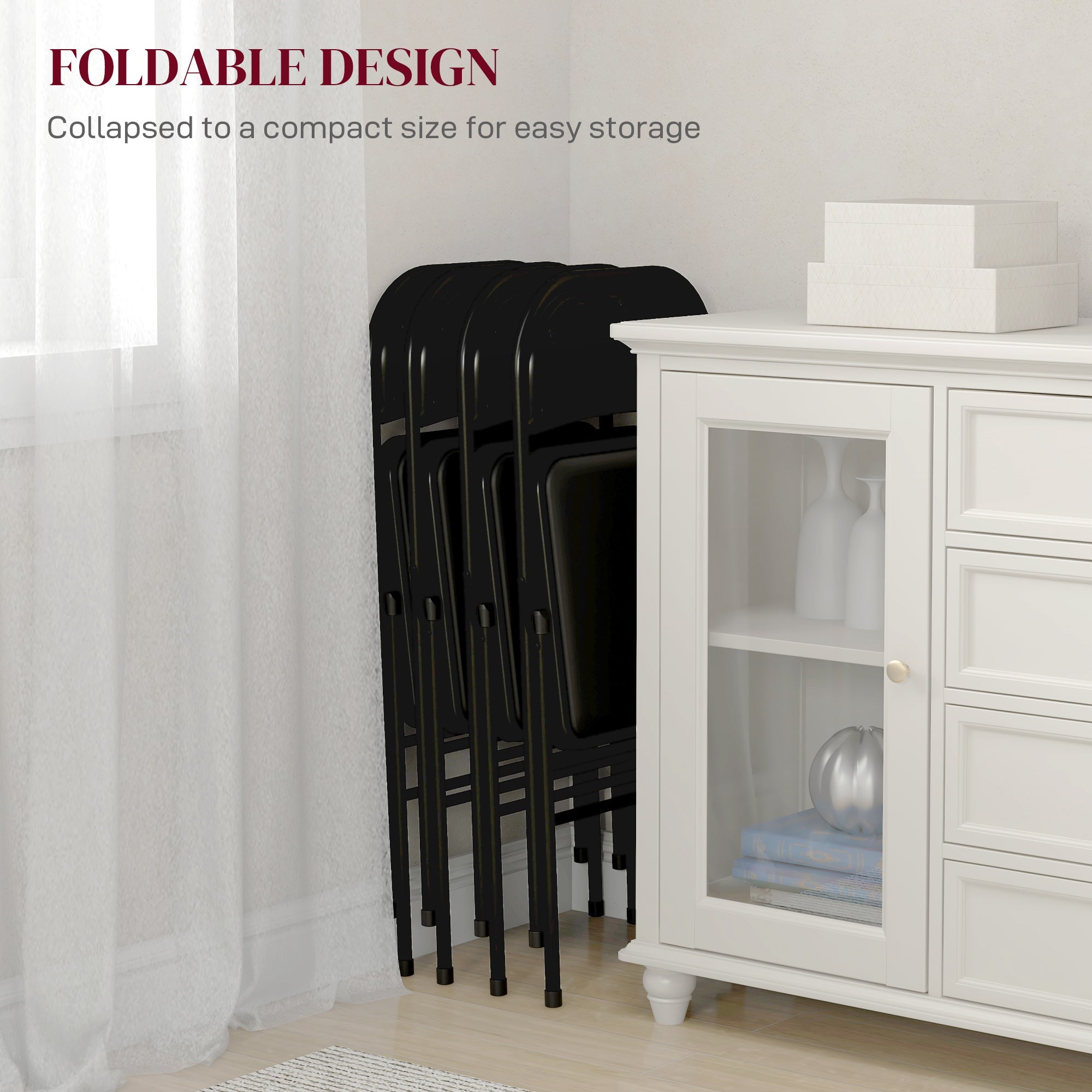 HOMCOM Set of 4 Metal Foldable Chairs, PU Leather Padded Folding Chairs with Cushion Seat and Open Back for Indoor, Black 