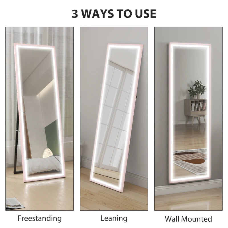 LED Mirror with Dimmable and 3 Colour Lights, 64" x 21" Rectangular Full Body Mirror for Bedroom Living Room, Pink