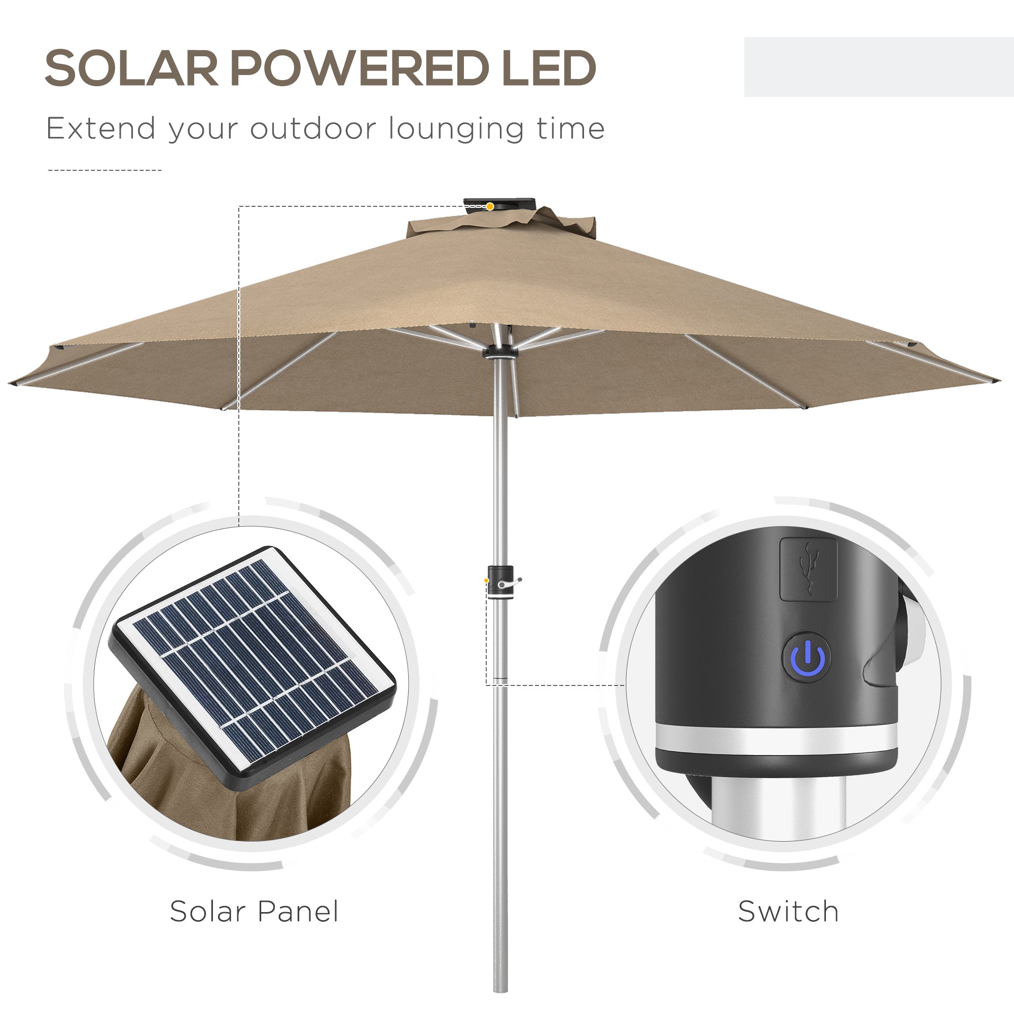 Outsunny Solar Illumination Shade: LED Lighted Patio Umbrella with 4 Lighting Modes, USB Charging Outdoor Deck Khaki 
