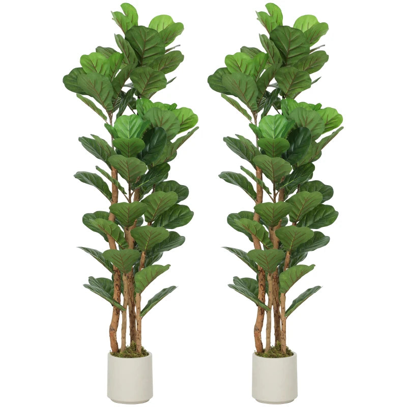 5FT Artificial Fiddle Leaf Fig Tree Set of 2, Fake Potted Tree with Solid Wood Trunks for Indoor Decor, Green