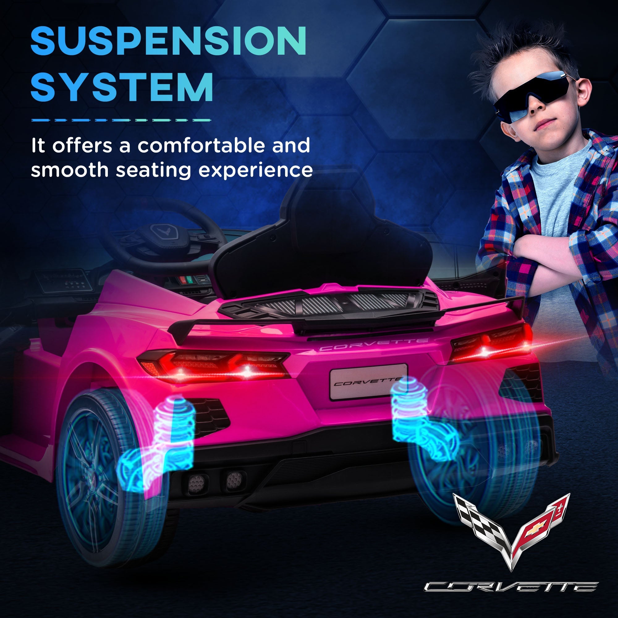 Qaba 12V Kids Electric Car Corvette Licensed Remote Control Suspension System Music Headlight Slow Start Pink Ride On 