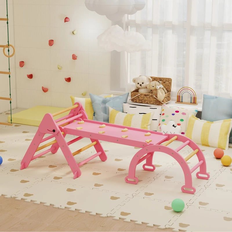 Qaba 7-in-1 Pikler Triangle Set, Foldable Wooden Climbing Toys with Arch, Ramp and Ladder for Toddlers 1-4 Years, Pink