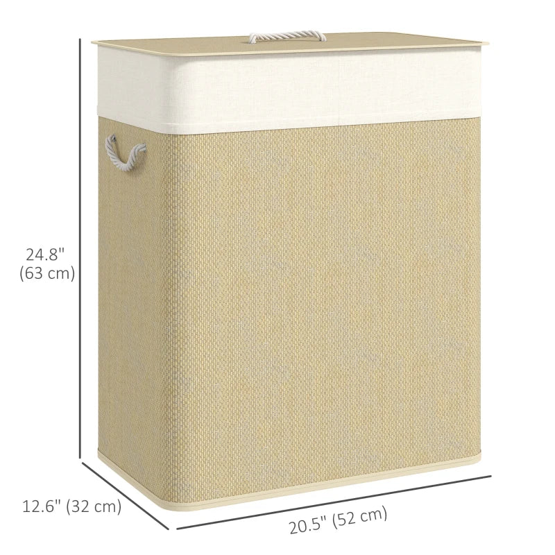 Double Laundry Basket with Lid, 100L Bamboo Laundry Hamper with Rope Handles and Removable Bags, Natural