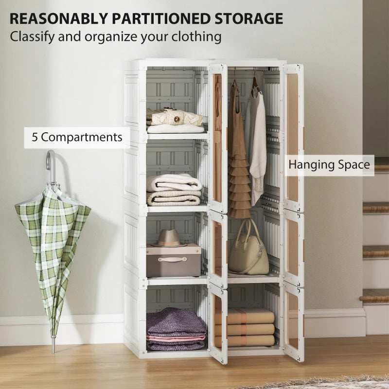 Portable Wardrobe, Foldable Plastic Closet with 5 Compartments, Hanging Rod and Magnetic Doors, White