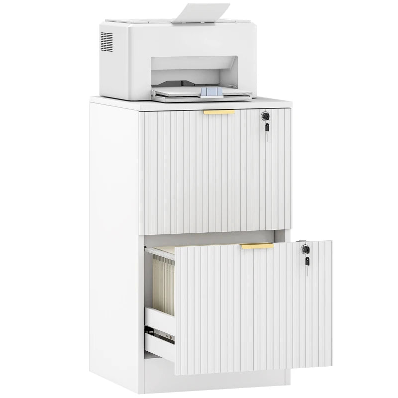 Lockable Filing Cabinet with 2 Fluted Drawers, File Cabinet with Adjustable Hanging Rails for A4 Letter Files, White