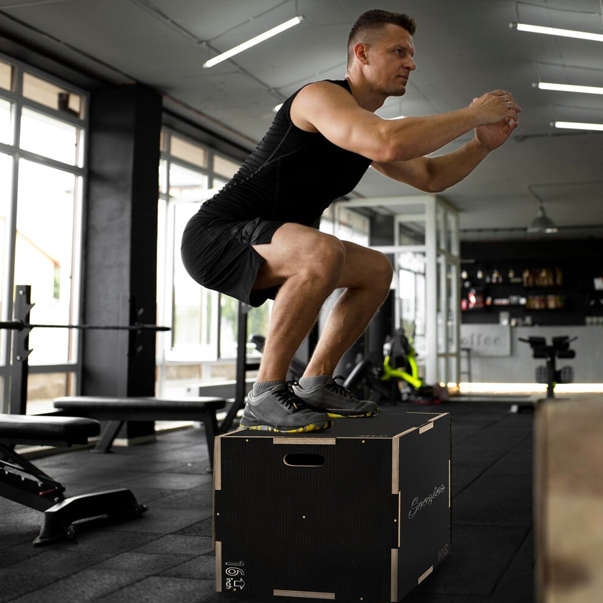 Soozier 24/20/16 In Wooden Plyometric Jump Box with Handle Openings for Home Gym Workout Training 