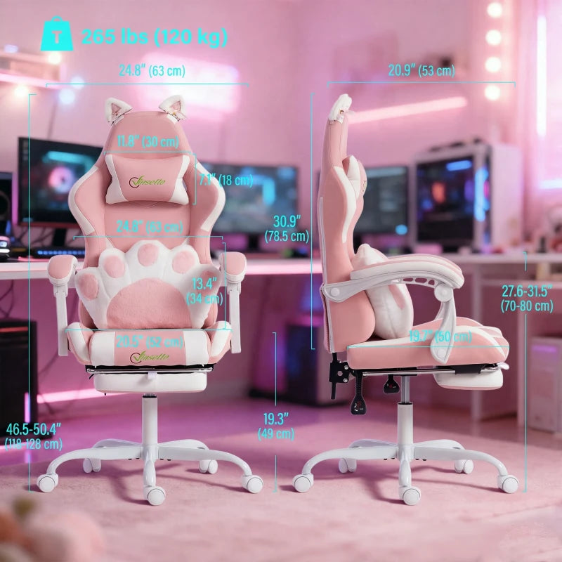 Cute Pink Gaming Chair with Cat Ears, Lumbar Support, Headrest & Footrest