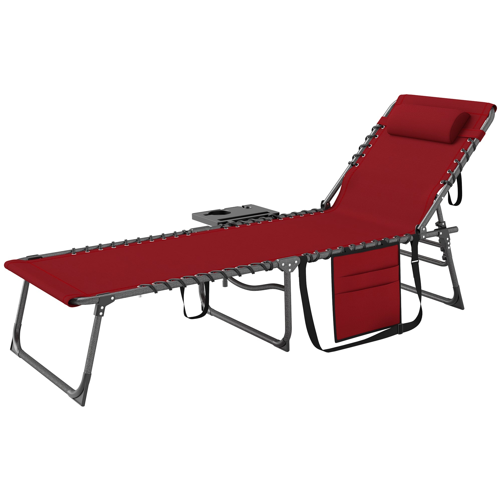 Outsunny Outdoor Folding Lounge Chair, Reclining Chaise Lounge Tanning Chair with Adjustable Back, Side Table, Headrest, Red 