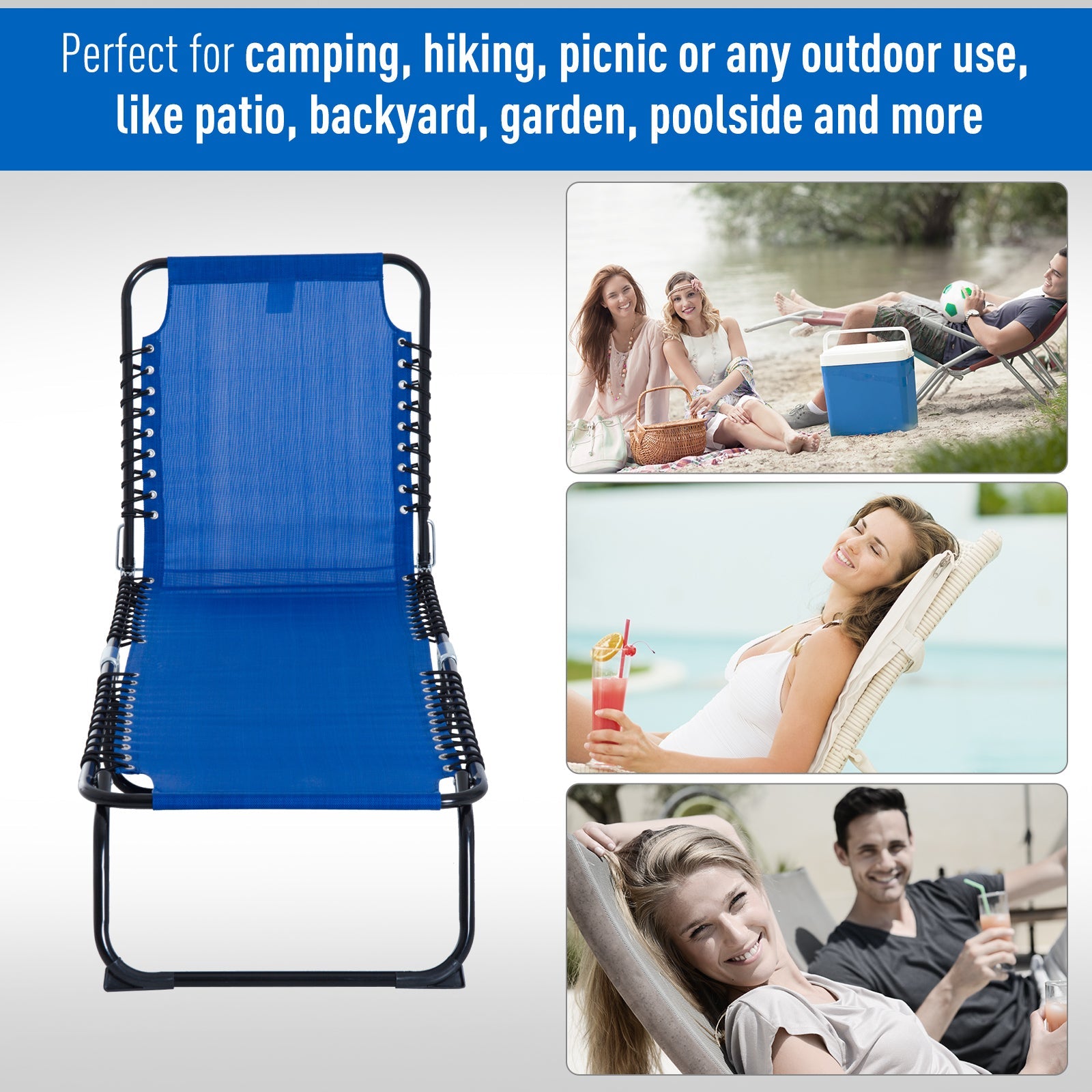 Outsunny Adjustable Folding Beach Bed 4-Level Reclining Lounger Lightweight Portable Outdoor Navy Blue 