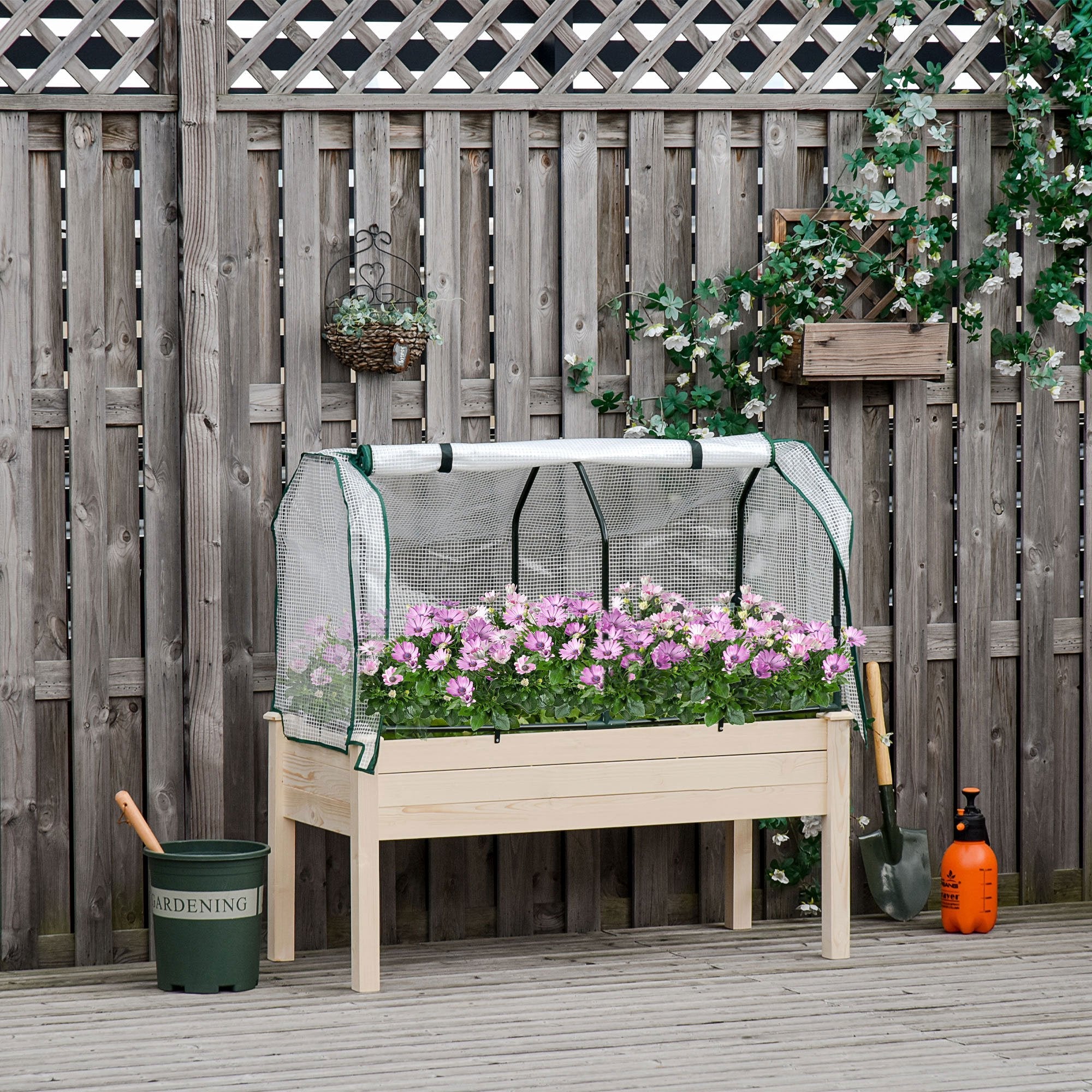 Aosom Elevated Wood Planter Box with PE Greenhouse Cover - Outdoor Raised Garden Bed for Herbs and Vegetables, Perfect for Patio Use 