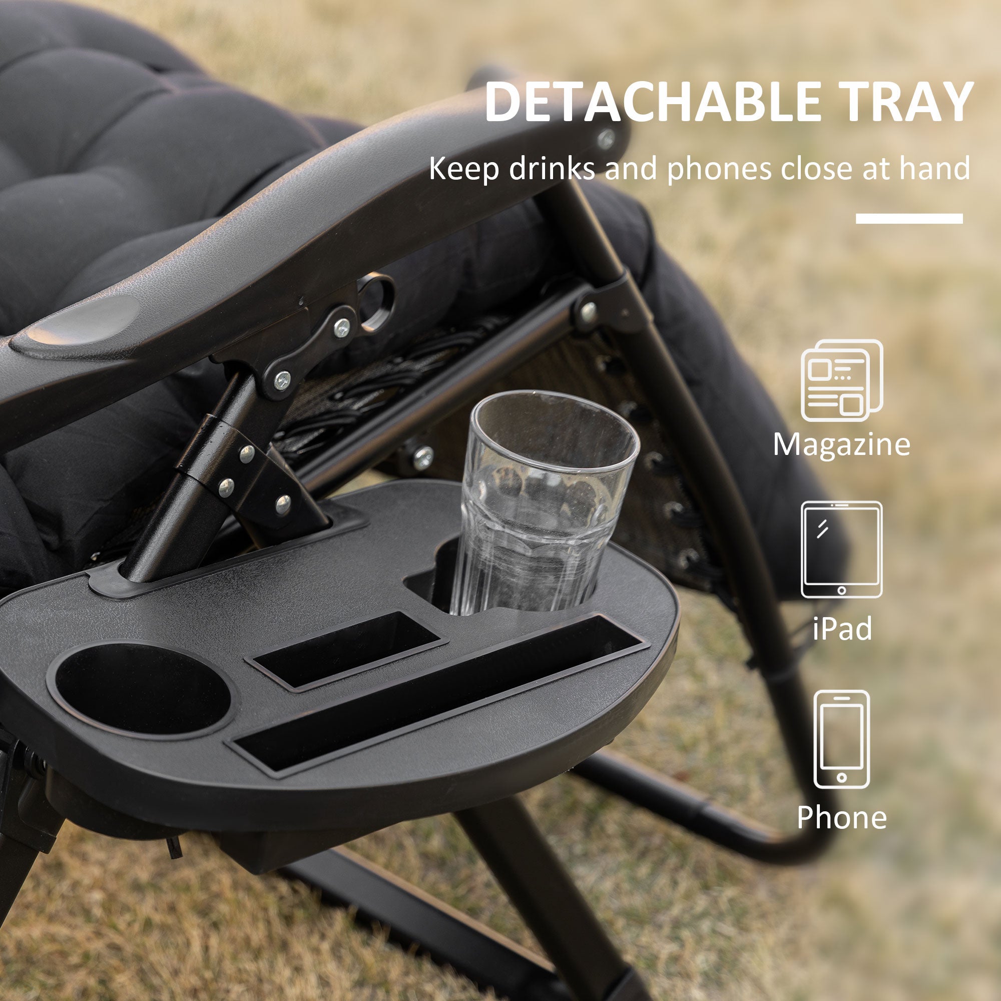 Outsunny Zero Gravity Chair Black Padded Folding Recliner with Cup Holder Adjustable Backrest Removable Cushion 