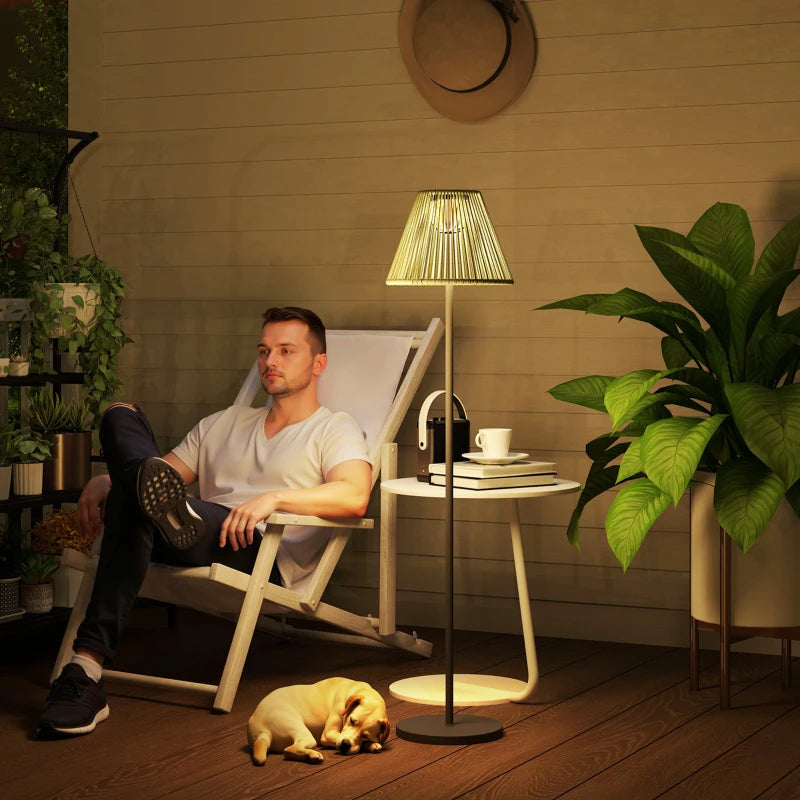 Wicker Outdoor Floor Lamp, Cordless Solar Lantern with Auto On/Off LED Lights, IP44 for Patio, Porch, Pathway, Grey