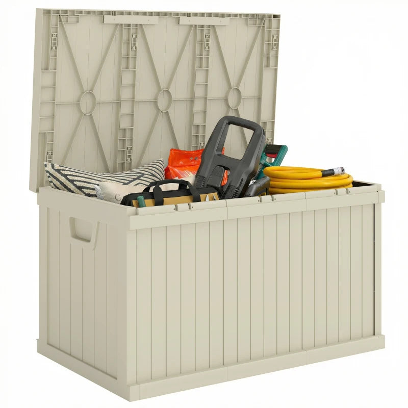 70 Gallon Deck Box, Resin Outdoor Storage Box with Handles, Waterproof Storage Container for Garden Tools, Sand