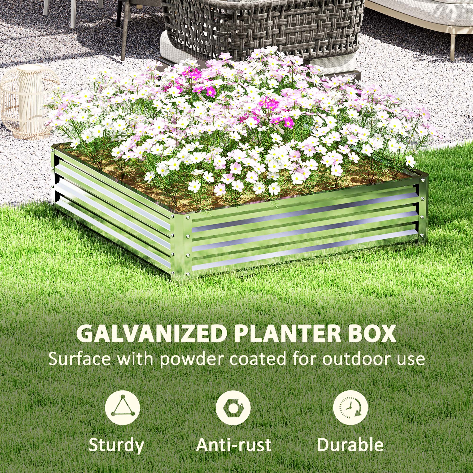 Outsunny 4' x 4' x 1' Raised Garden Bed Galvanized Steel Planter Box for Vegetables, Flowers, Herbs, Silver 