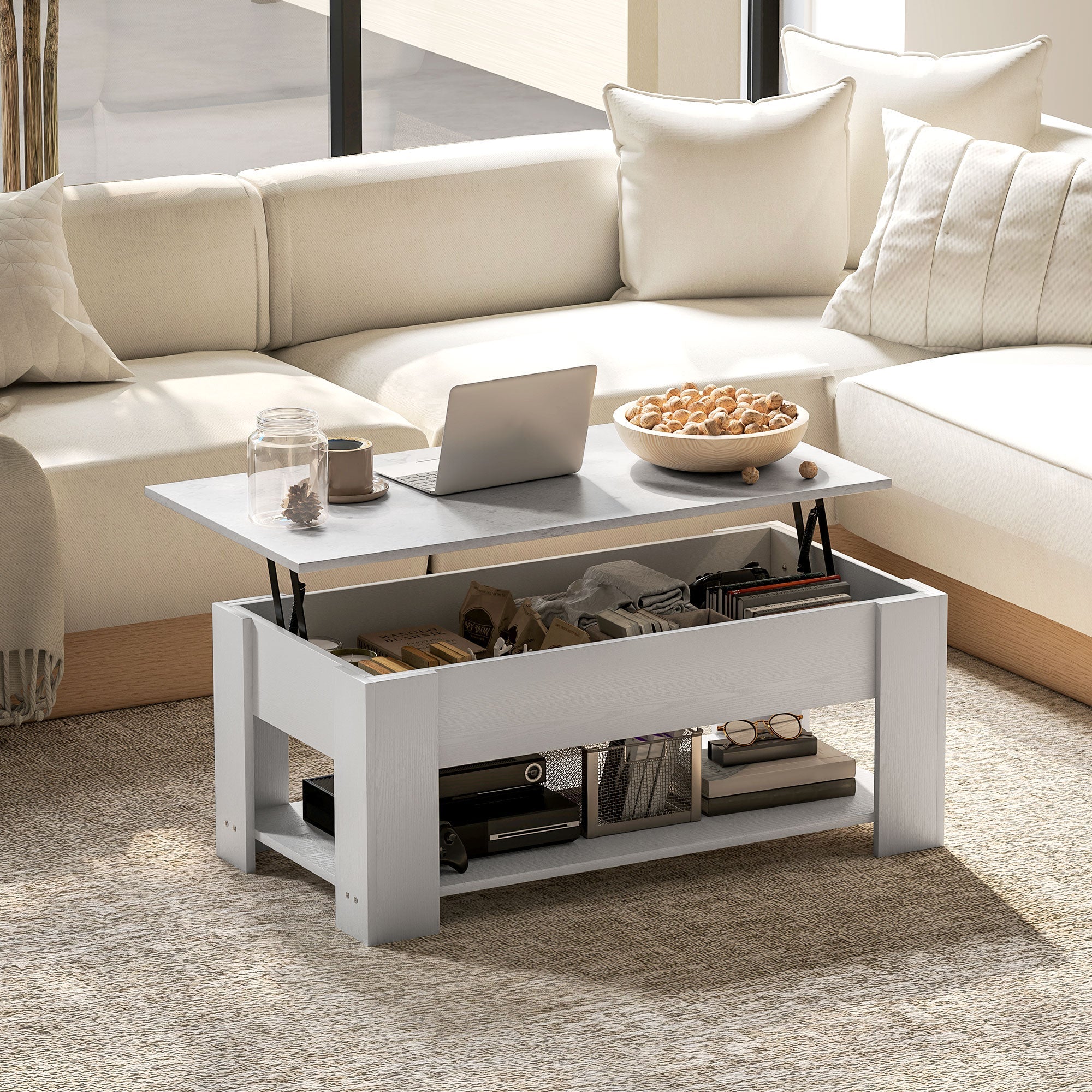 HOMCOM Lift Top Coffee Table with Hidden Storage Compartment and Open Shelf, Center Table for Living Room, White 