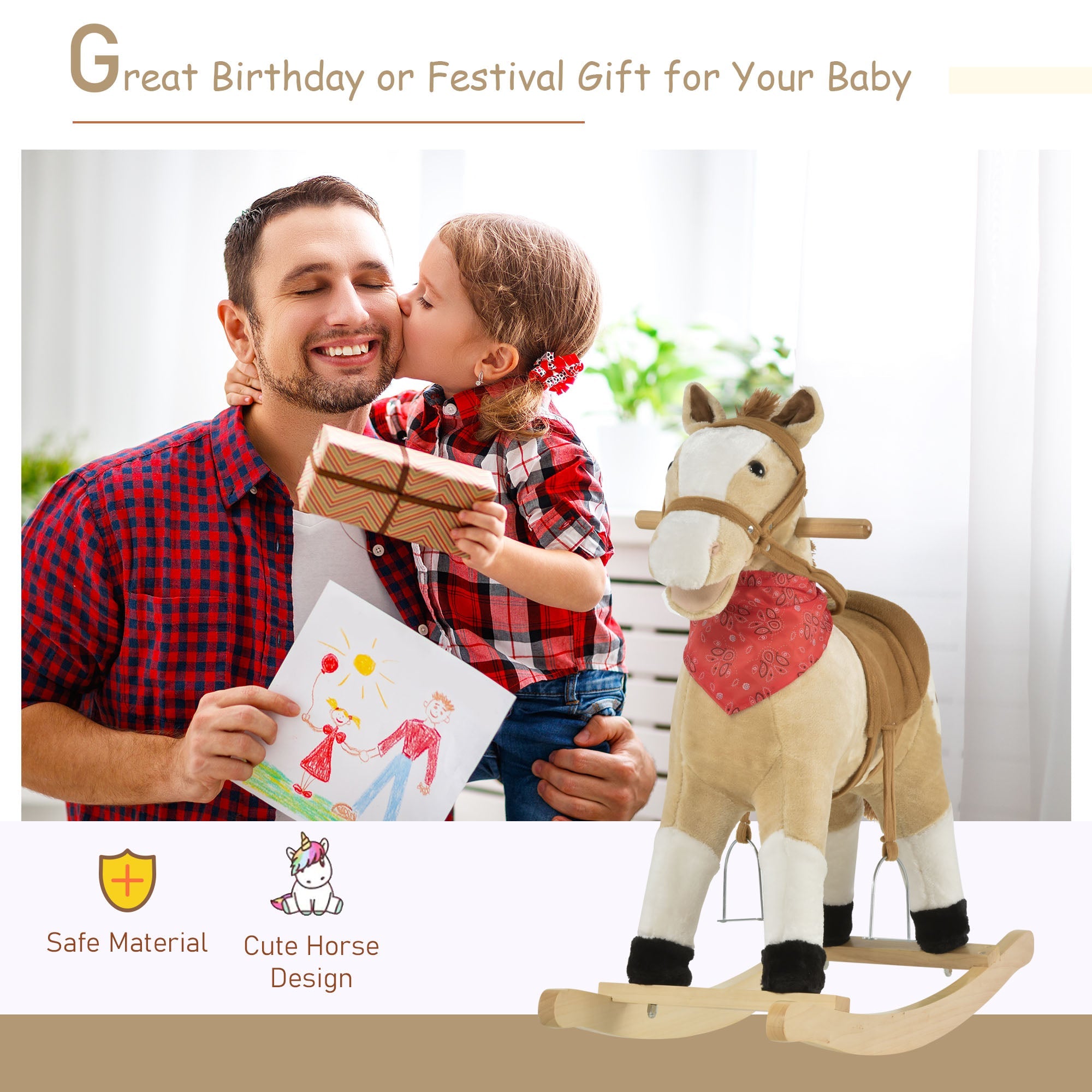 Qaba Kids Plush Ride-On Rocking Horse Toy Cowboy Rocker with Fun Realistic Sounds for Child 3-8 Years Old, Beige 