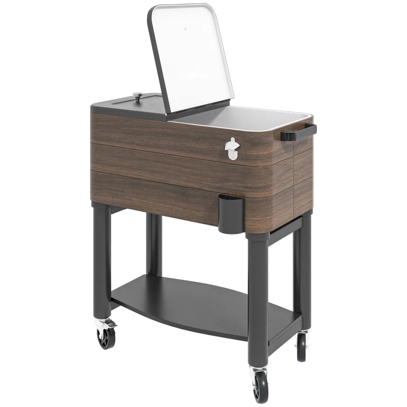 Patio Cooler, 60qt Portable Outdoor Cooler with Locking Wheels, Storage Shelf, Bottle Opener for Patio Backyard, Brown