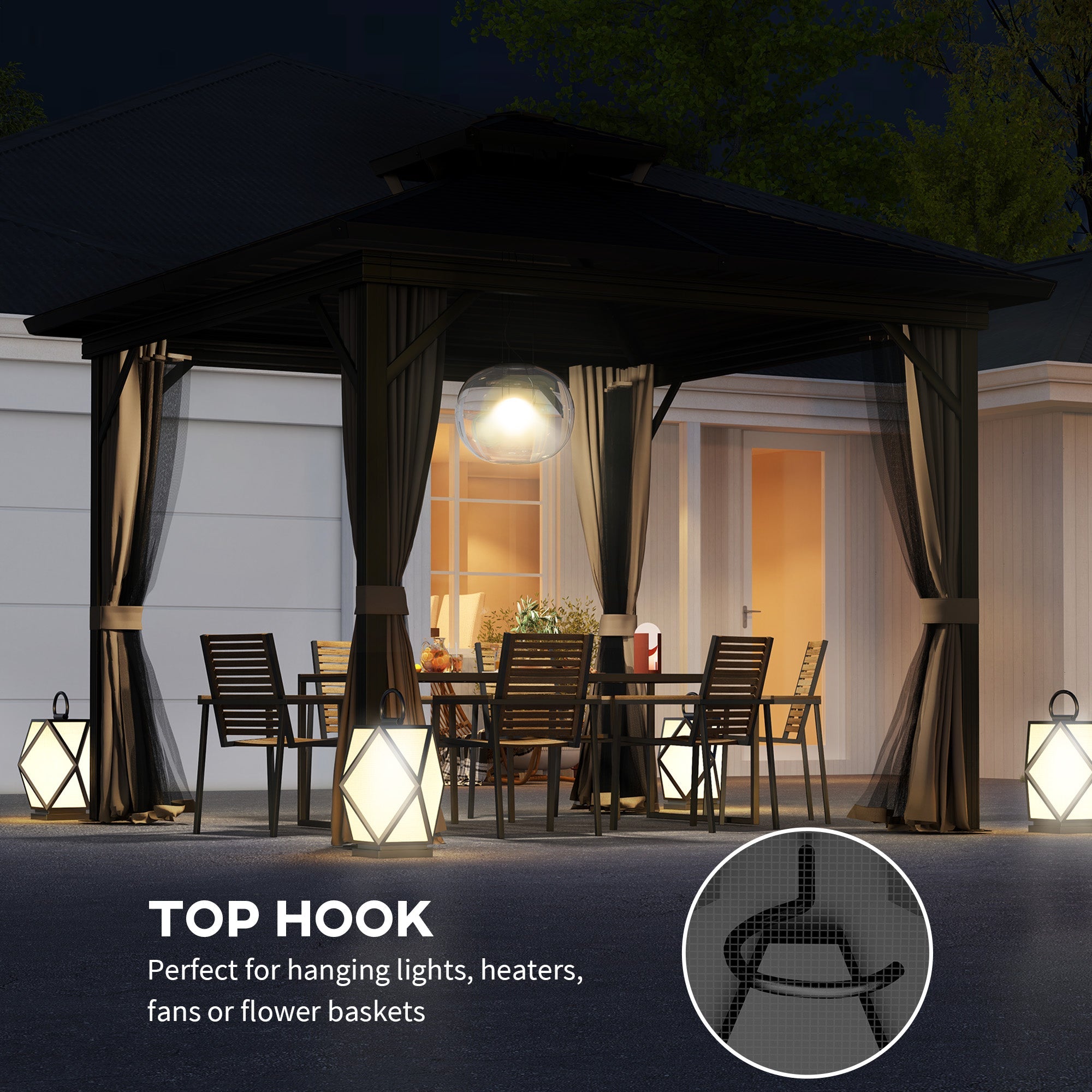 Outsunny 10' x 10' Hardtop Gazebo, Sun Shelter with Double Tier Metal Roof, Mosquito Netting, and Hanging Hook, Dark Brown 