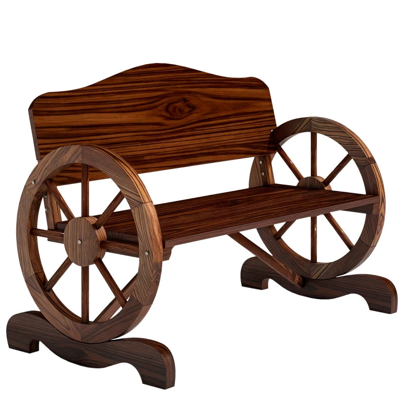 Wooden Outdoor Bench, Garden Patio Loveseat with Wagon Wheel Armrests, 528LBS Capacity, Carbonized