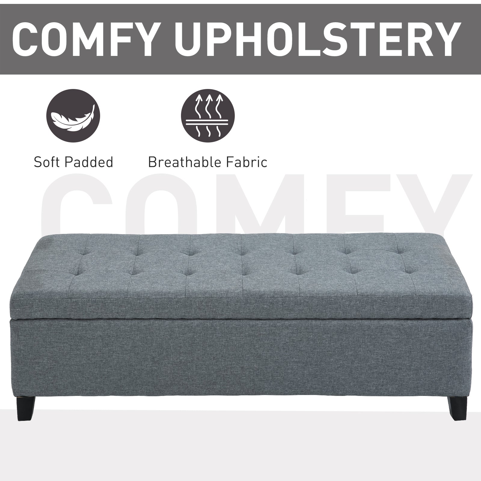 HOMCOM 50" Large Rectangular Ottoman Bench Tufted Linen Fabric Wood Feet Grey Contemporary Living Room Decor 