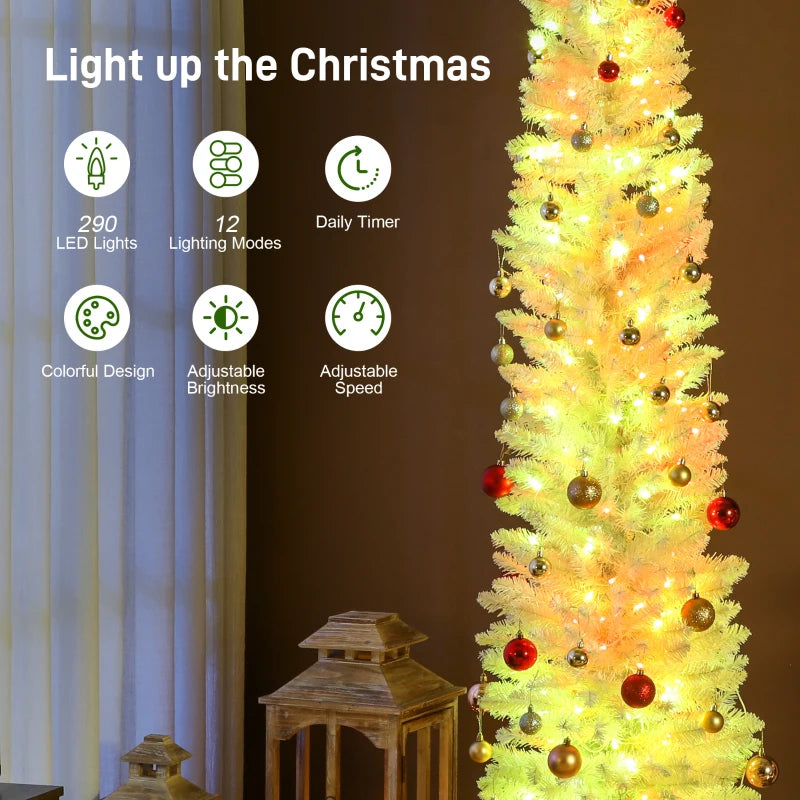 7.5ft Christmas Tree with Colourful DIY Synchronized LEDs, Hinged Pencil Xmas Tree with Remote, Daily Timer, White