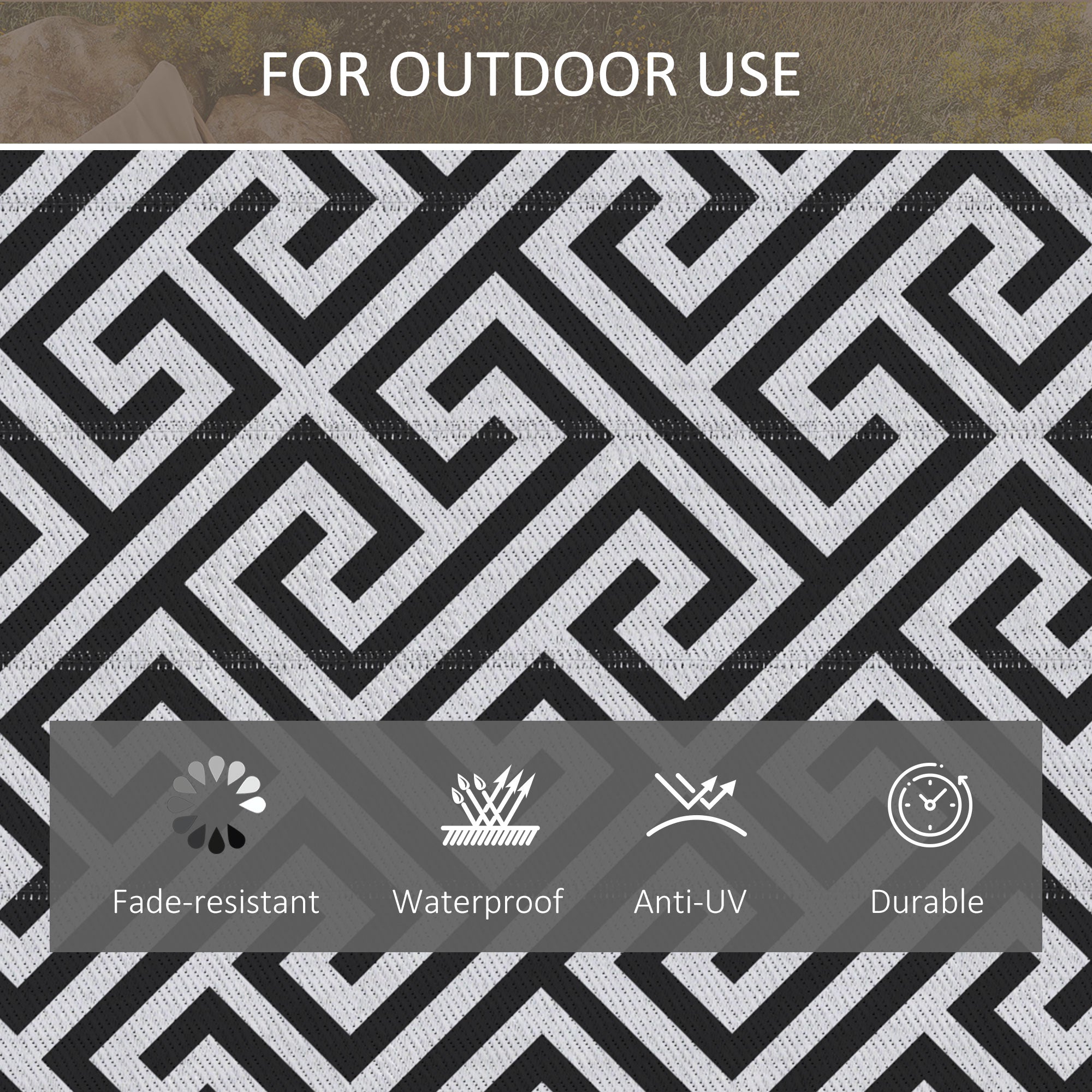 Outsunny 4' x 6' Reversible RV Outdoor Rug, Patio & Camping Plastic Straw Mat, Black & White, for Deck, Beach 
