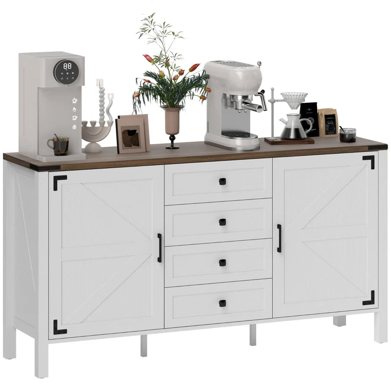 59" Buffet Cabinet, Farmhouse Sideboard with Thick Top, 2 Barn Doors, 4 Drawers and 2 Adjustable Shelves, White