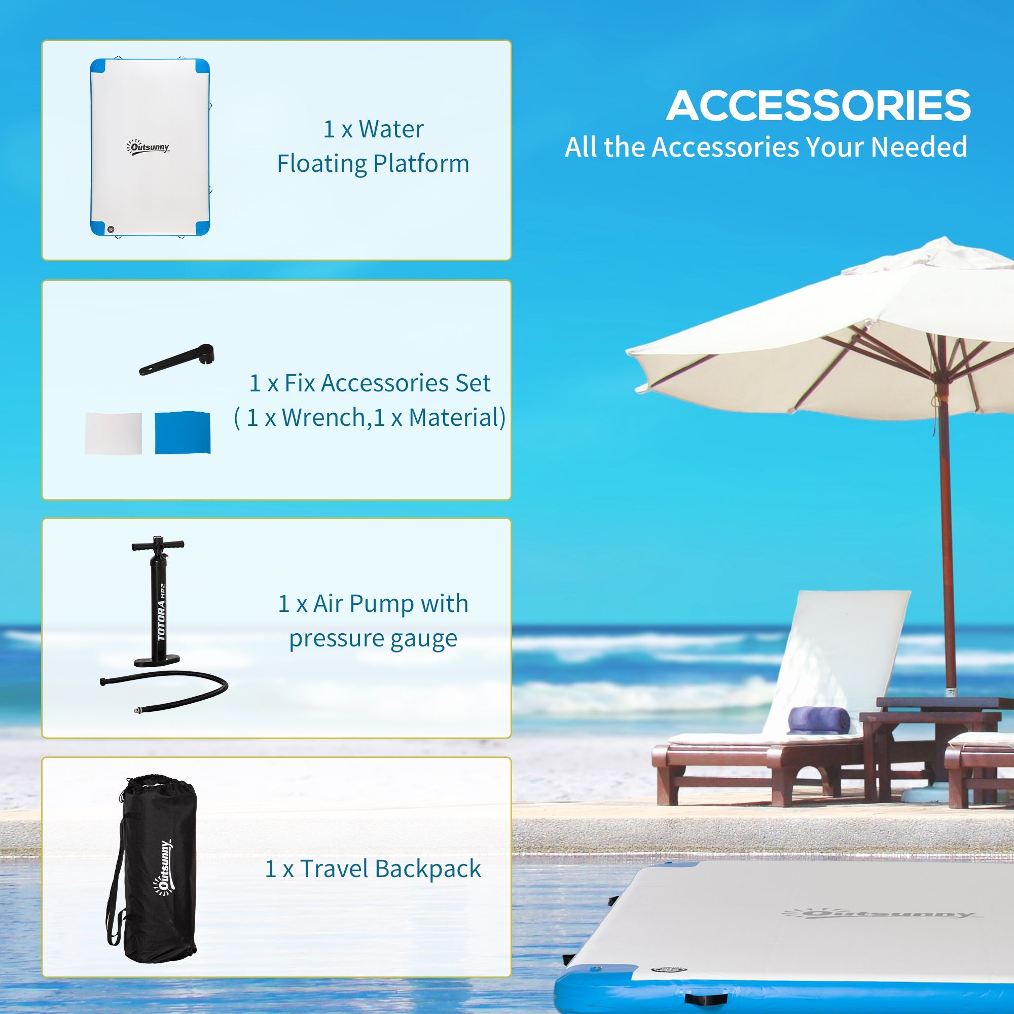 Outsunny 8' x 6' Water Floating Dock, Rafting Inflatable Island with Air Pump and Backpack for Pool, Beach, Ocean, Blue 