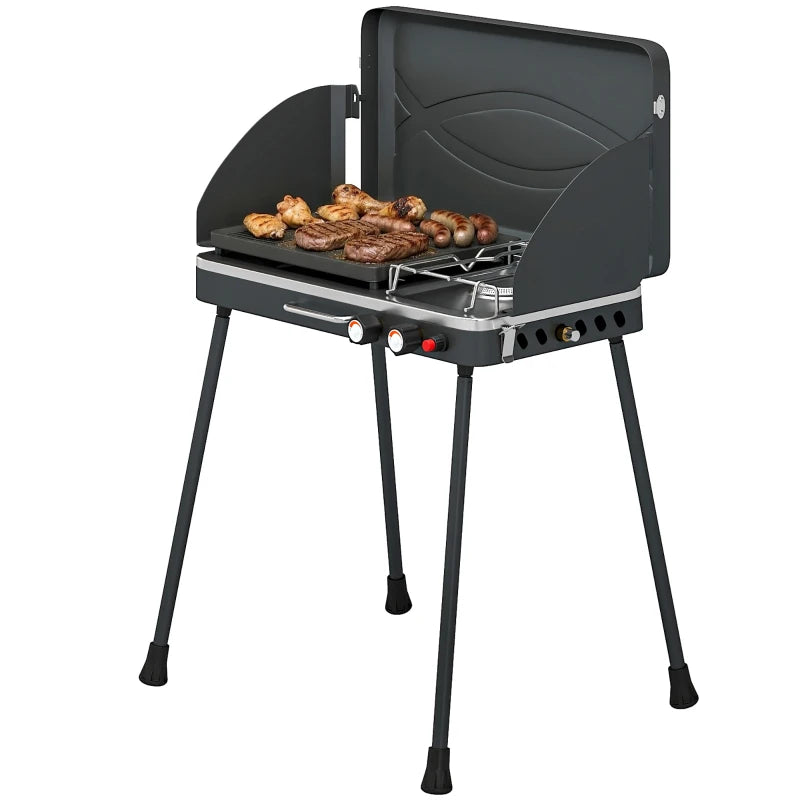 Outsunny 2-in-1 Camping Stove & Gas Griddle Combo, 20,000 BTU Portable Propane Grill with Detachable Legs, Wind Guards, Black