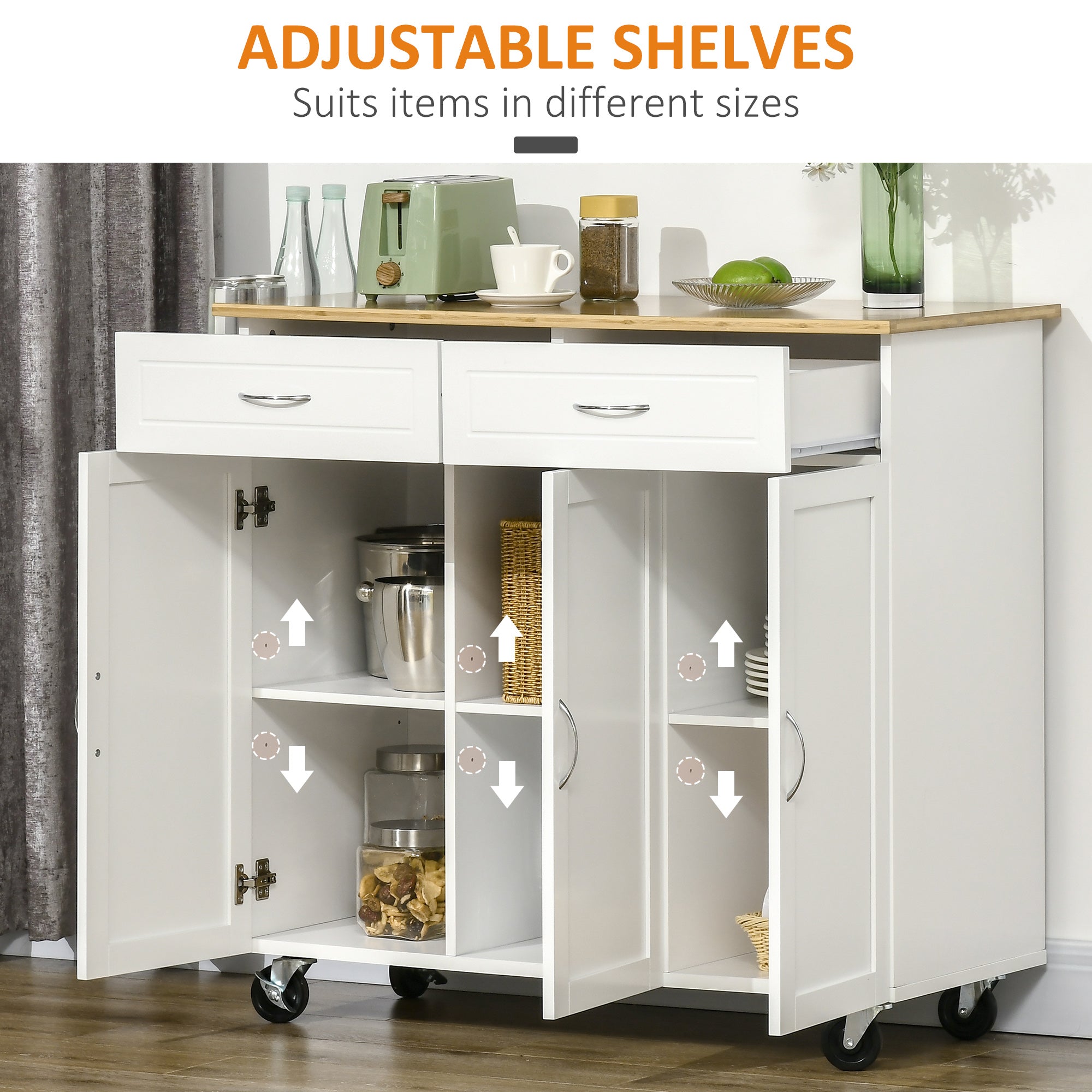 HOMCOM Rolling Kitchen Island: Large Bamboo Top, 2 Cabinets with Drawers & Adjustable Shelves, White 