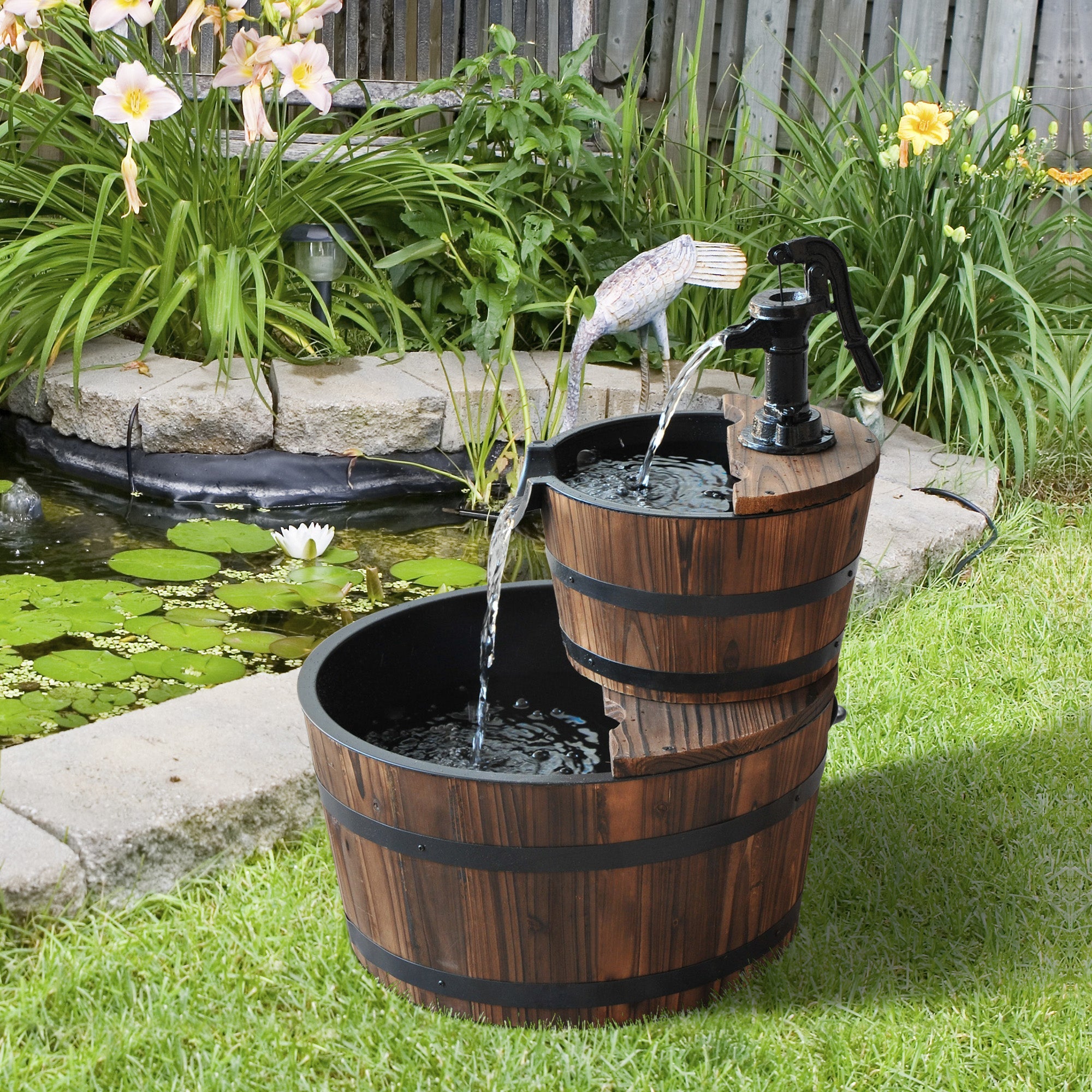 Outsunny 2-Tier Wooden Barrel Water Fountain with Electric Pump Cascading Feature Outdoor Indoor Decoration 