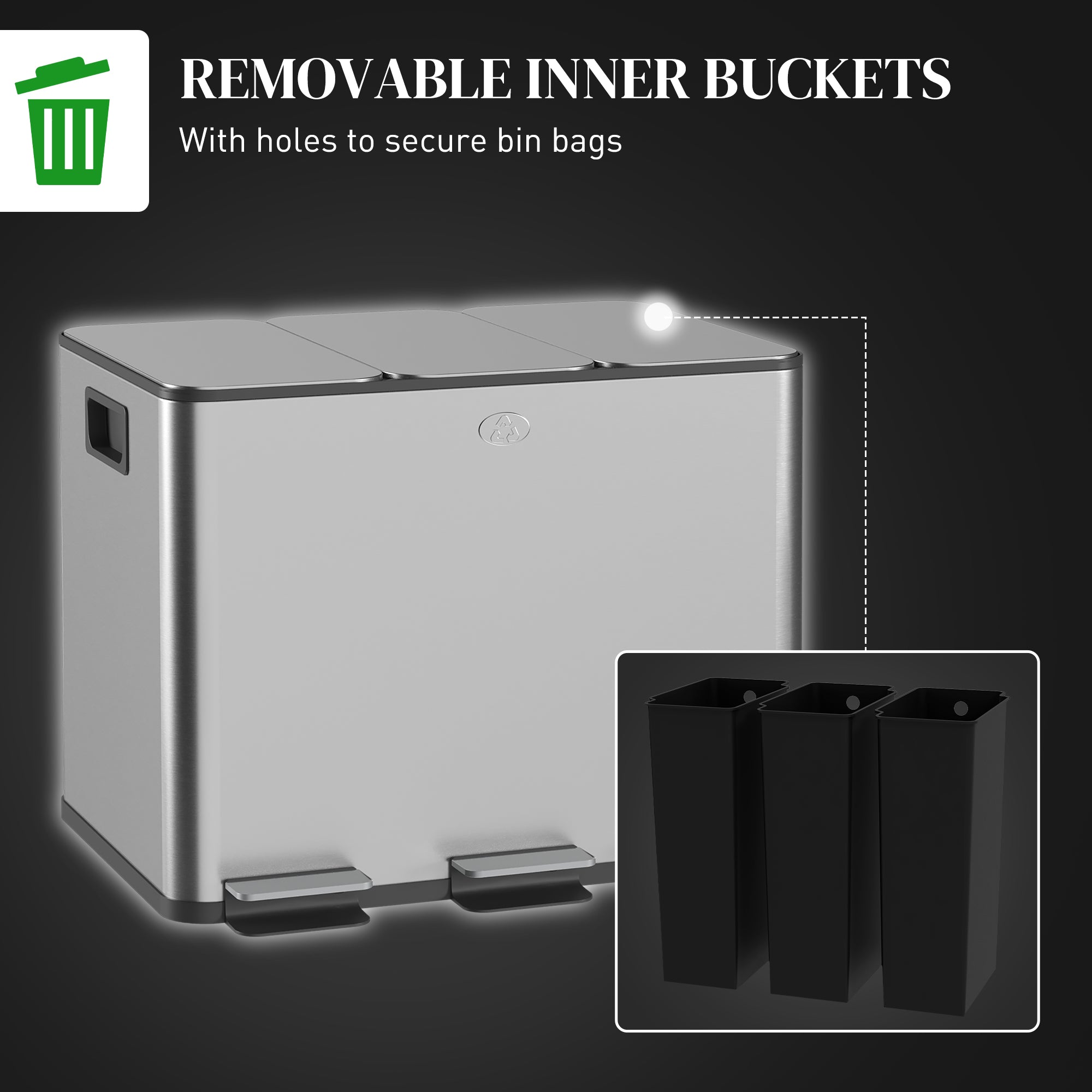 HOMCOM Triple Garbage Bin, Soft-Close Trash Can with Foot Pedal, 3 x 20 Liter Garbage Can with Removable Inner Buckets, Silver 