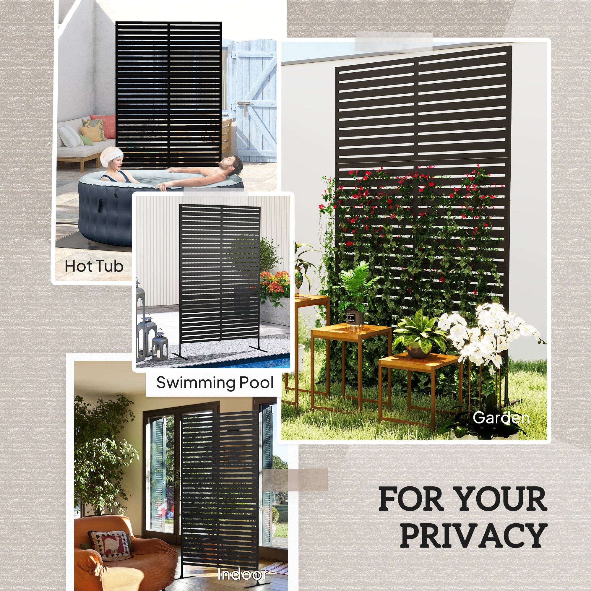 Outsunny Decorative Outdoor Privacy Panel, Freestanding Metal Outdoor Divider with Stand for Garden, Backyard, Deck, Pool, Black 