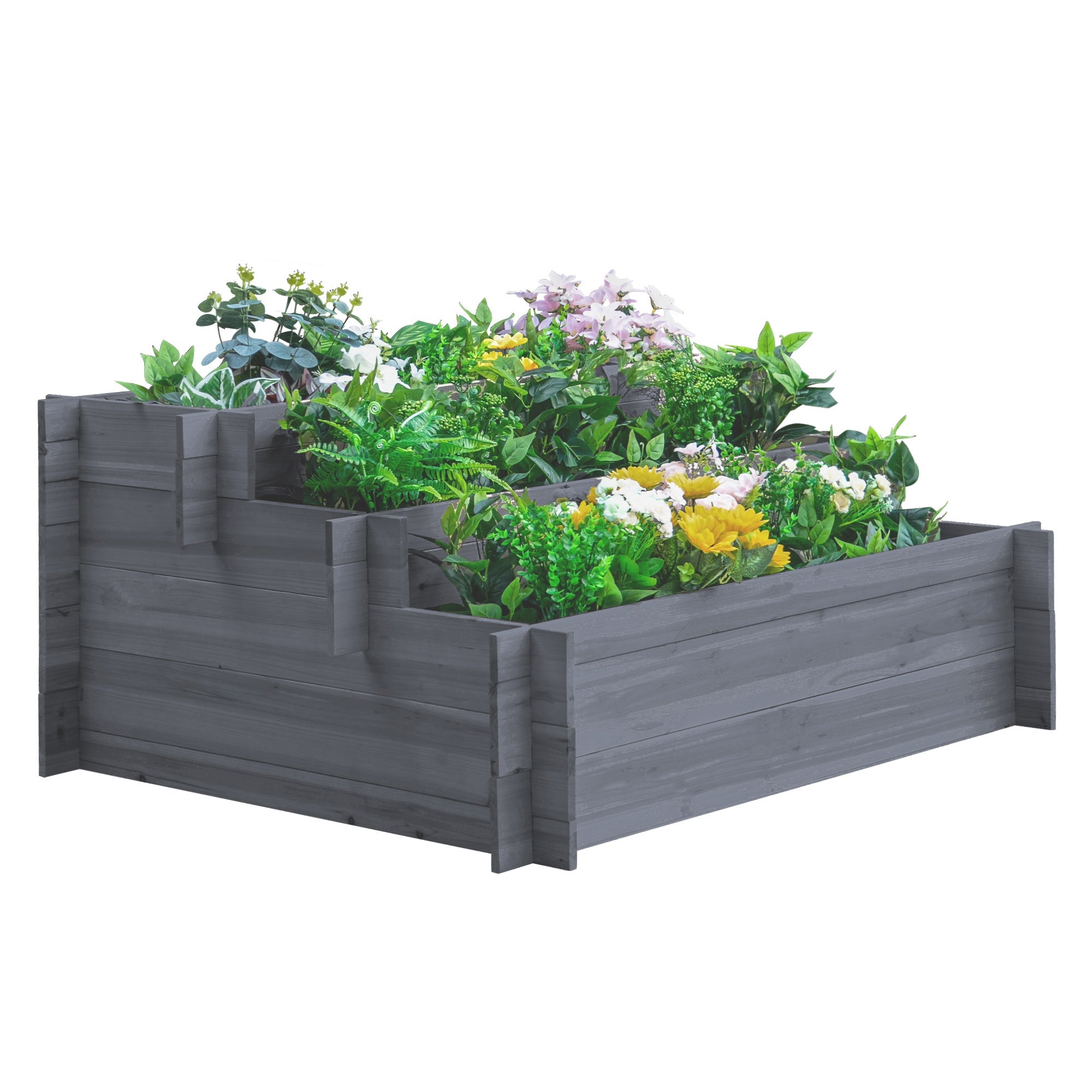 Outsunny 3-Tier Raised Garden Planter Kit Wooden Elevated Planter Boxes Outdoor Vegetable Flower Herb Garden Grey 