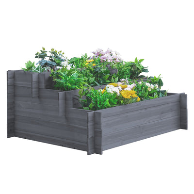 Outsunny 3-Tier Raised Garden Planter Kit Wooden Elevated Planter Boxes Outdoor Vegetable Flower Herb Garden Grey 