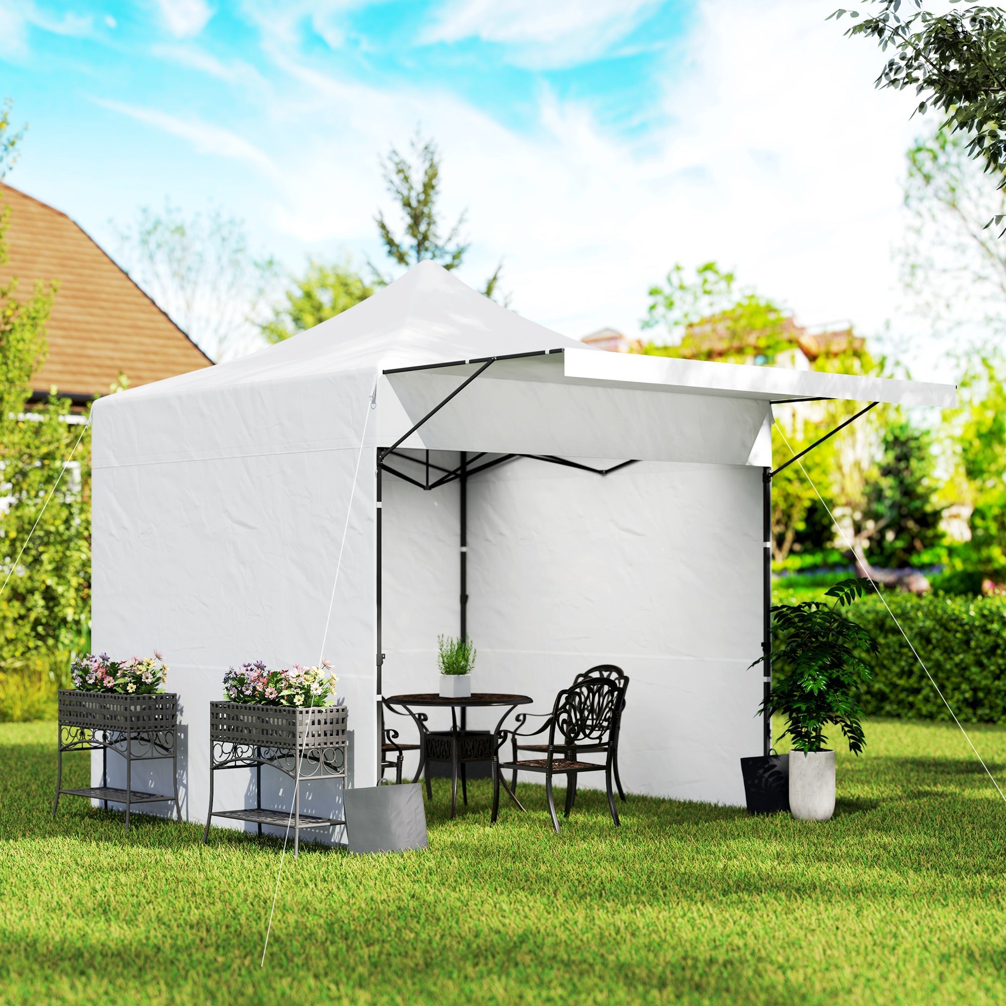 Outsunny 10' x 10' Pop Up Canopy Tent with Awning and Sidewalls, Instant Sun Shelter with Wheeled Bag and Sand Bags 