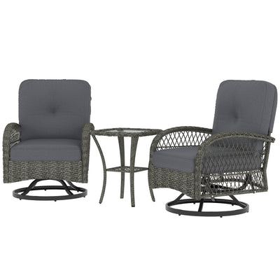 Outsunny Wicker Balcony Furniture with 2 Swivel Glider Chairs and 2-Tier Glass Coffee Table, 3 Piece Patio Set for Porch, Grey 