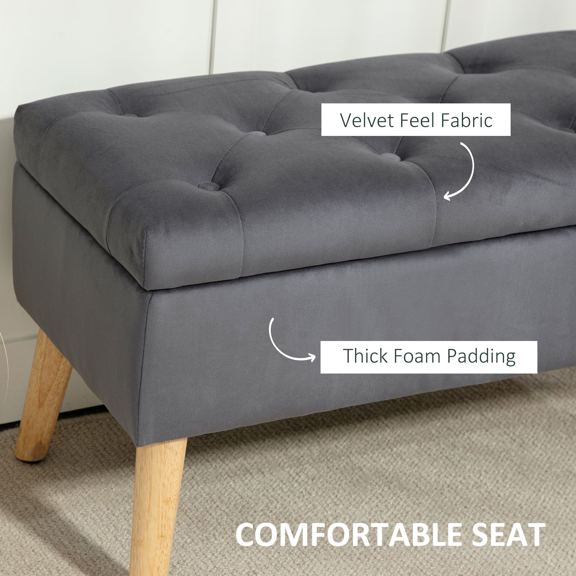 HOMCOM Storage Ottoman with Lid, Velvet Upholstered Storage Bench with Wood Legs for Living Room, Charcoal Grey 