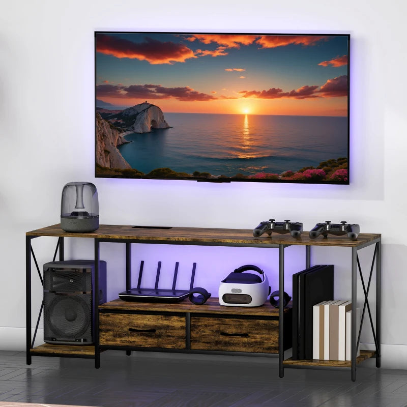 Industrial TV Stand for up to 55 Inch TV, TV Console with Charging Station and RGB LED Lights, Rustic Brown