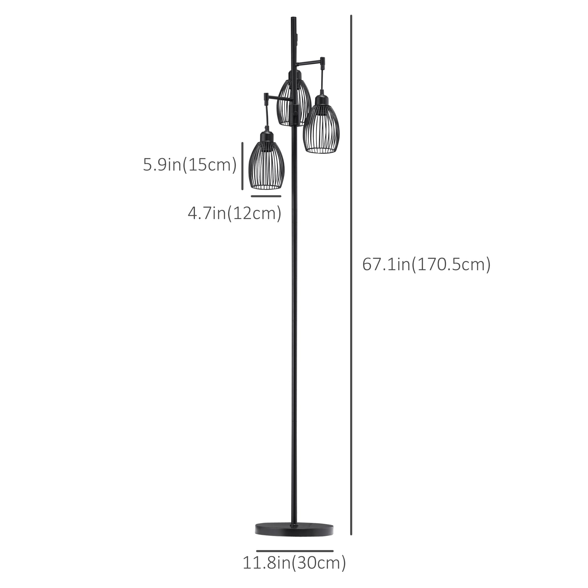 HOMCOM Industrial Floor Lamp 3 Hanging Shades Dimmable for Living Room Bedroom Black 