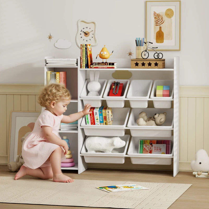 Qaba Kids Bookshelf and Toy Storage Organizer, Children Bookcase with 8 Removable Bins, Cabinet for Playroom, Kids Room, Nursery, White