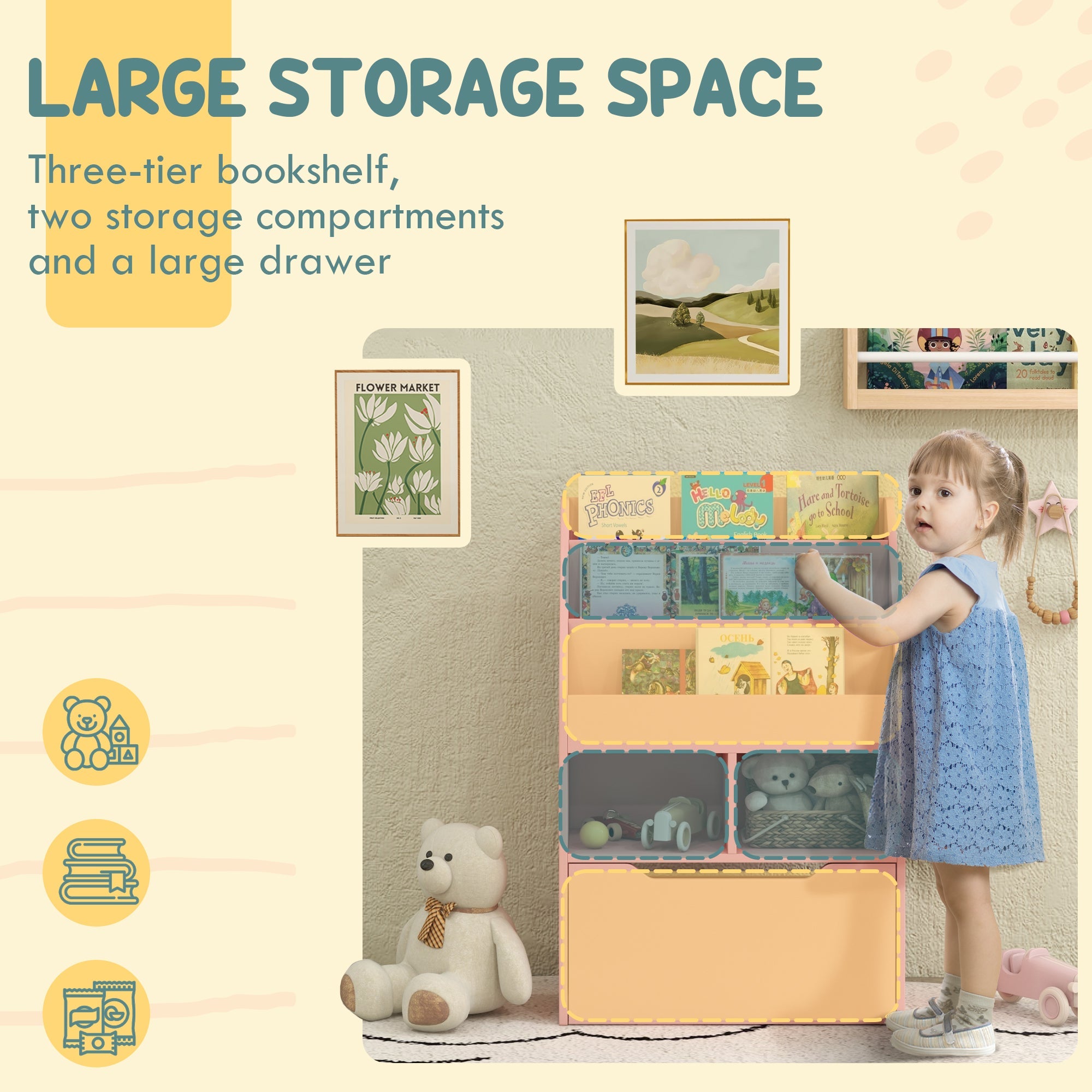 HOMCOM Kids Bookcase with Storage Drawer for Books, Reading Nook, for Classroom, Bedroom, Playroom, Pink 