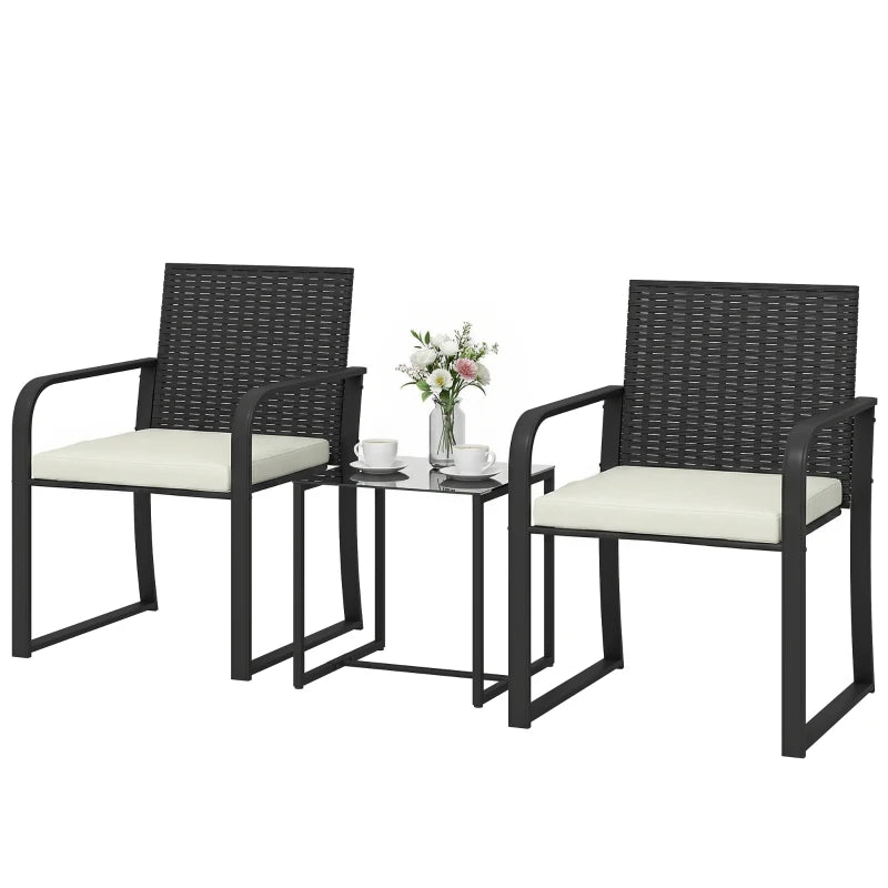 Outdoor Bistro Set, 3 Piece Wicker Patio Furniture with Mesh Seat, Glass Table, Cushions for Porch, Balcony, Cream White