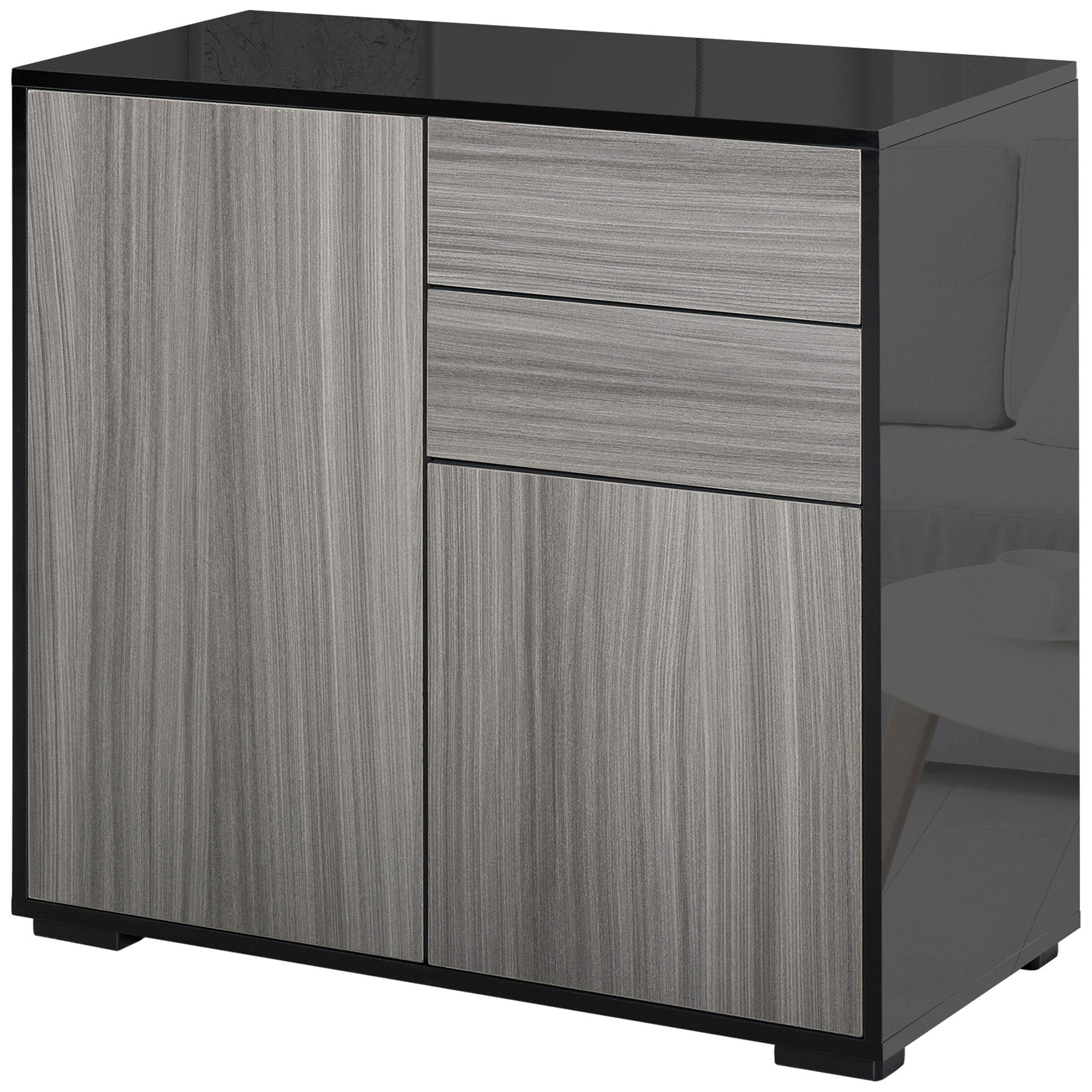 HOMCOM Stylish Buffet Sideboard High Gloss Grey Black Kitchen Storage Cabinet Cupboard with Push Open Design 2 Drawer 2 Doors Shelf 