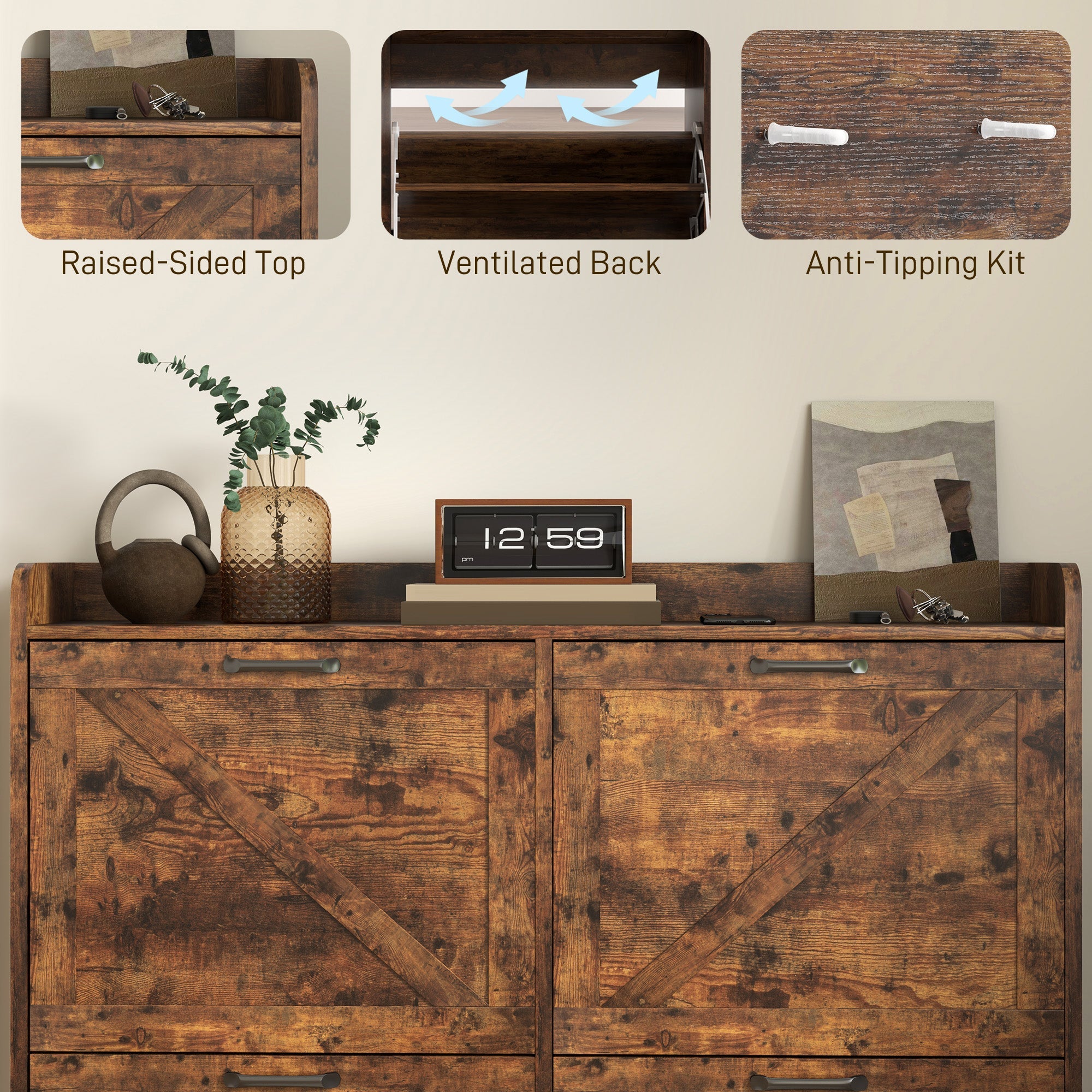 HOMCOM Narrow Shoe Storage Cabinet with 4 Flip Drawers, Adjustable Shelves, 16 Pair Farmhouse Shoe Cabinet, Rustic Brown 