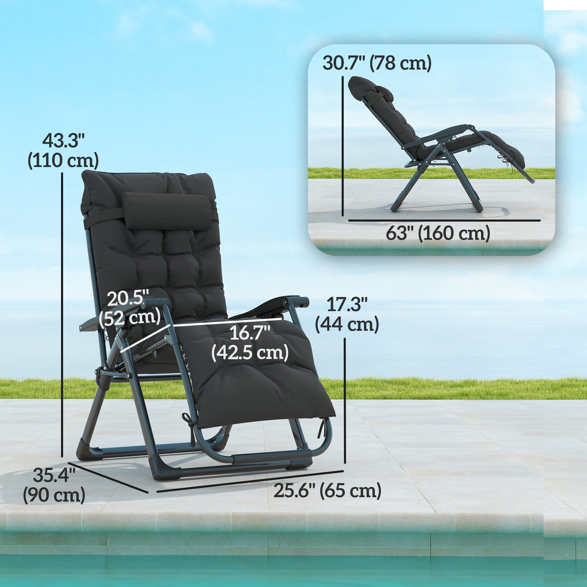 Outsunny Folding Garden Chairs Set of 2, Reclining Zero Gravity Chair, Sun Lounger with Cushion and Headrest, Black 