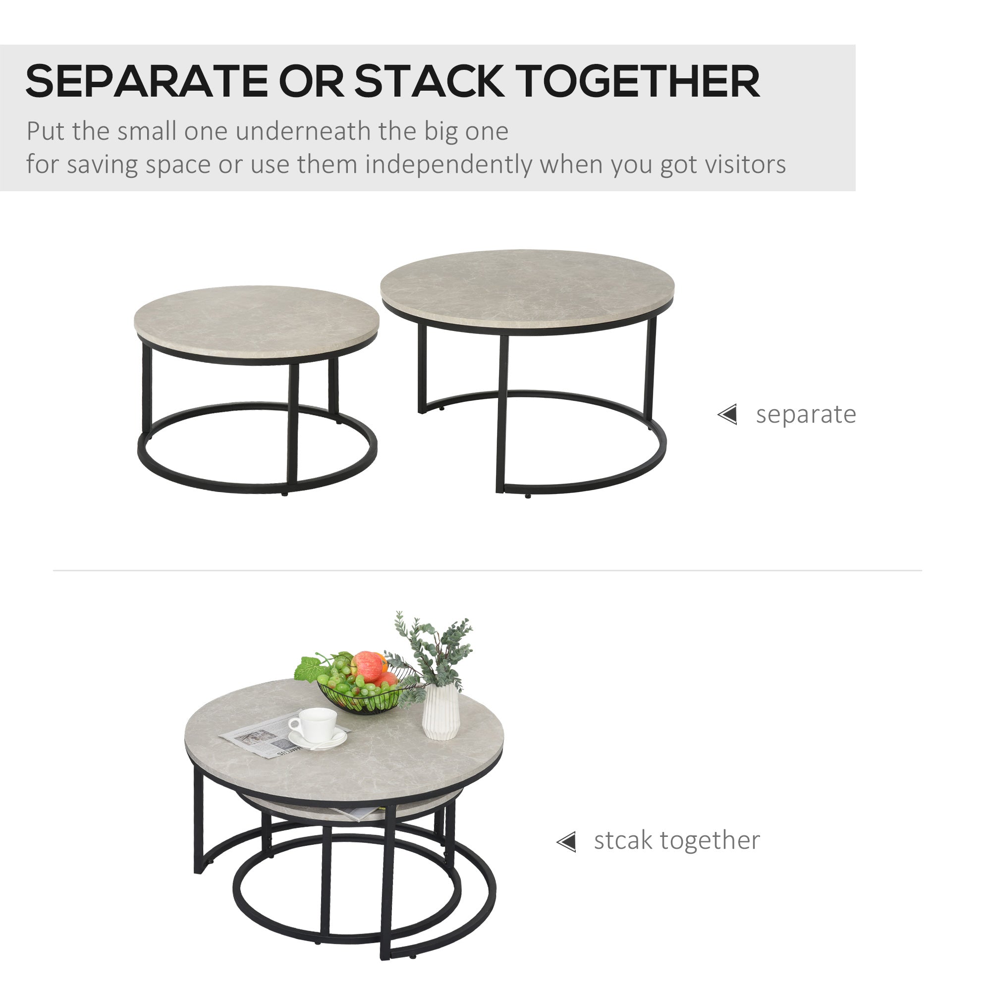 Homcom Nesting Coffee Table Set: Modern Set of 2 with Chipboard & Metal Base for Elegant Living Room 