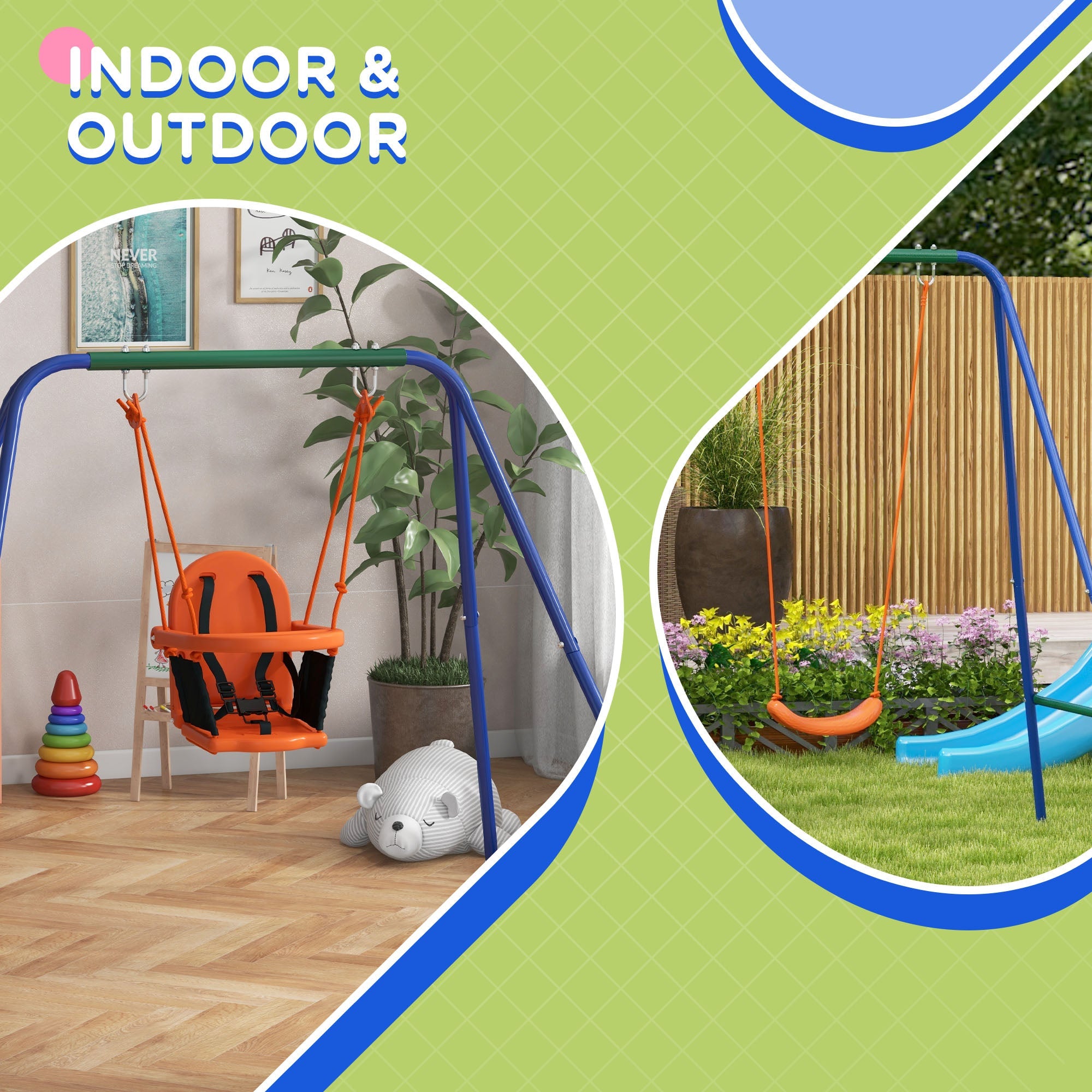 Outsunny Heavy Duty Kid Swing Set with Safety Harness, Suitable for Babies 6 Months+, Indoor/Outdoor Use, Vibrant Orange 